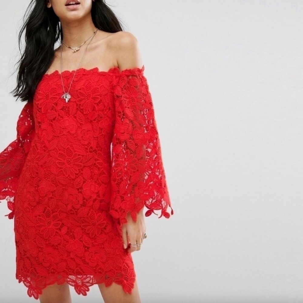NWT FREE PEOPLE | Dusk Off The Shoulder Lace Dress in Fiesta Red | Size 8 - Picture 2 of 11